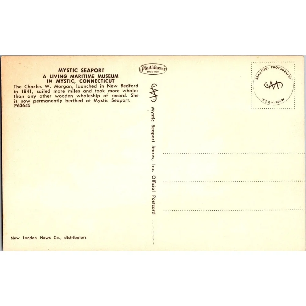 Vintage Mystic Seaport Postcard - Charles‎ W. Morgan - New London News Co.